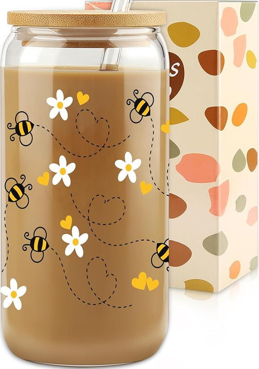 Gift For Girls, Her - Birthday Gifts for Women Friendship - Unique Gifts For Women, Friends, Bestie, Bff, Soul Sister, Work Bestie - Honey Bee Daisy 16 OZ Iced Glass Can Tumbler with Lid and Straw