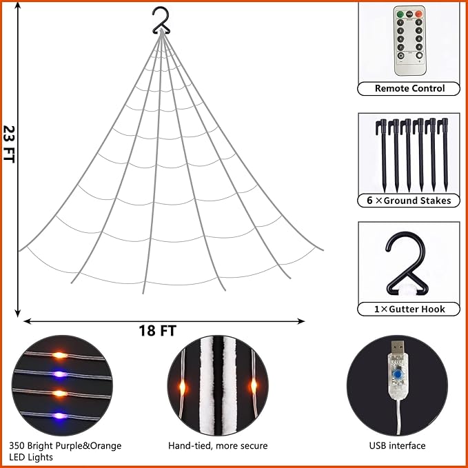 Halloween Decoration Spider Web with 350 LEDs, Adjust Brightness, 8 Light Modes, Giant Light Up Spiderweb 22.96FT(Orange+Purple), Halloween Outdoor Yard Lawn Scary Decor