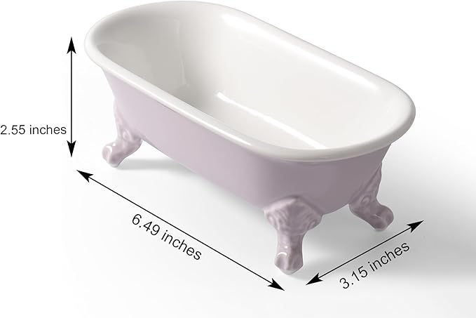 6.5" Ceramic Mini Decorative Clawfoot Bathtub Bar Soap Dish, Kitchen Sponge Holder and Shower Tray for Bathroom, 1 Pack(Lavender)