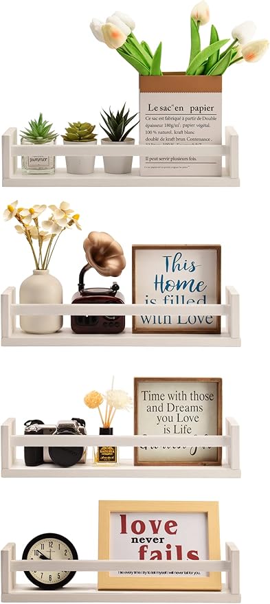 Gneric Floating Shelves for Wall, White Nursery Book Shelves, 15.7 inch Kids Bookshelf, Wall Shelves for Living Room Bedroom Decor,Kitchen Spice Rack,Bathroom Storage Rack(4 Pack)
