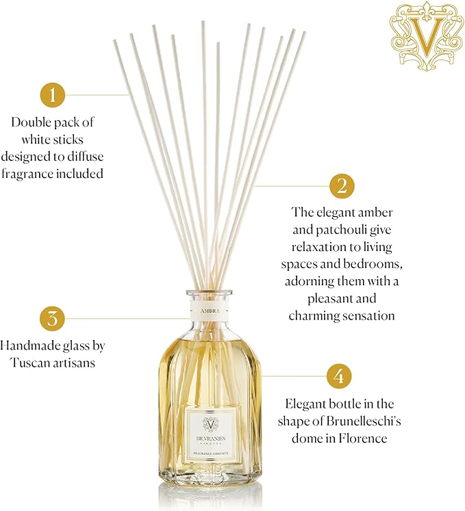 Dr. Vranjes - Ambra 250 ml Diffuser + Double Pack of White Sticks (3 Pieces Bundle)- Luxury Home Fragrance, Made in Italy, Main Scent: Oriental, Olfactory Pyramid: Amber, Patchouli, Sandalwood