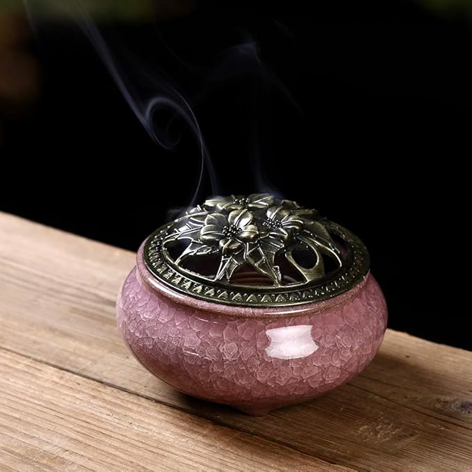 Ceramic Incense Burner with Incense Stick Holder + Insulation use for Stick or Coil Incense, Sage Cones and Frankincense (Violet)