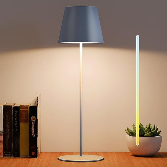 uuffoo 1 Pack Cordless Rechargeable Table Lamps, 5200mAh Battery Powered Outdoor Table Lamps with 3 Colors Stepless Dimming, Desk Night Light for Restaurant, Patio, Bedroom, Bar (Gray)