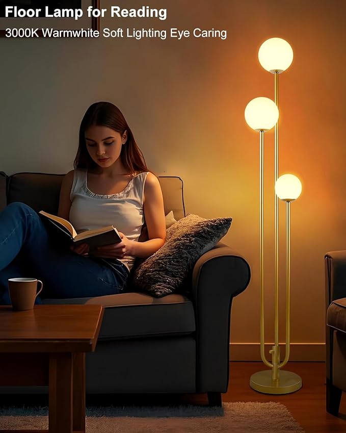 63IN 3-Light Dimmable Floor Lamp, Unique Tall Standing Lamps with 3 Gold Poles and 3000K G9 Bulbs for Reading, Mid Century Modern Floor Lamp for Living Room Bedroom Home Office