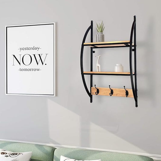 AGILE&KEEN Wall Mounted Bathroom Shelf, 2-Tier Wood and Iron Storage Rack with Hooks, Black Metal Frame 16" W X 7" D X 29" H