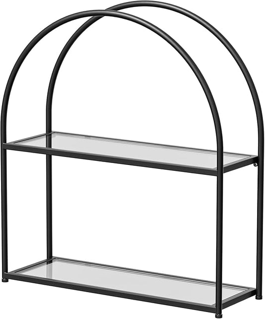 Crofy Black Arched Frame Wall Shelf, Decorative 2 Tier Bathroom Wall Shelf with Transparent Tempered Glass Shelves and Robust Storage Capacity, 6" D x 17.9" W x 19.18" H