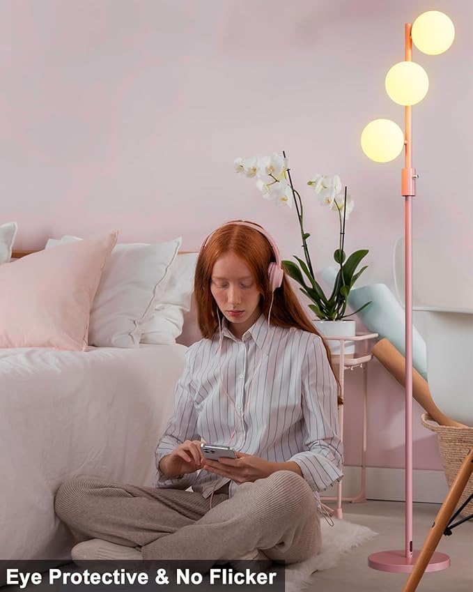 64IN Dimmable Pink Floor Lamp, Tall Standing Lamps with 3 Globe Soft Warm White Eye Care 3000K G9 Bulbs, Mid Century Modern Floor Lamp for Bedroom Office