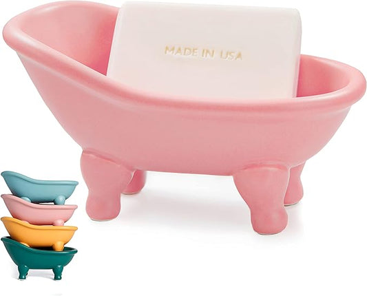 1 Piece 5.6" Colorful Ceramic Mini Clawfoot Bathtub Soap Dish Decortative Soap Dish Small Planter Makeup Organizer Container Hamster Bathtub（Pink）