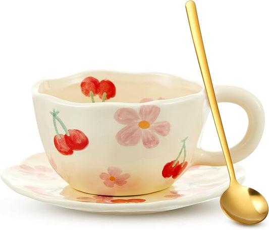 Vesici Ceramic Cherry Floral Tea Cups and Saucers 8.5 oz Ceramic Coffee Mug with Saucer Set Floral Mug with Handles Spoons Creative Flower Cup for Office Home, Dishwasher and Microwave Safe