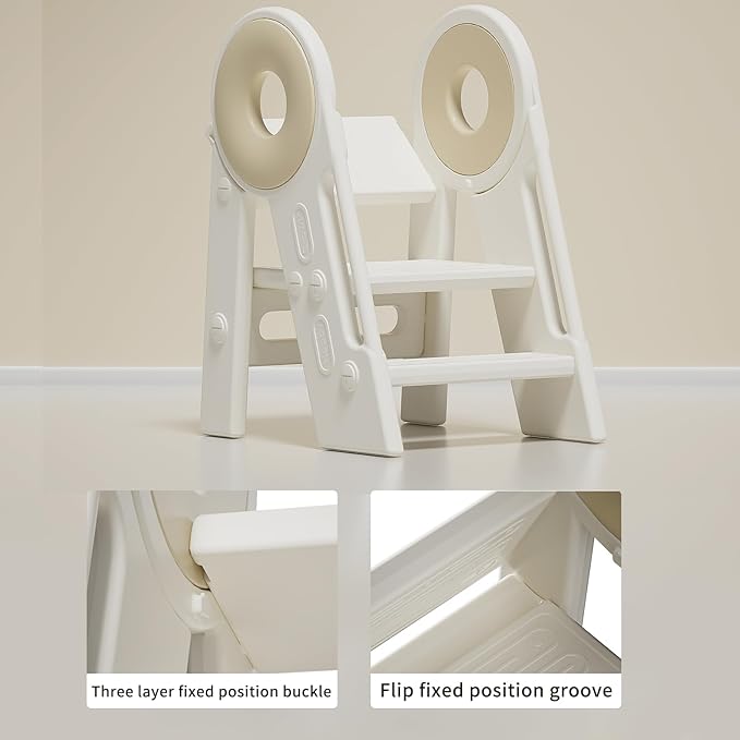 Step Stool for Kids Toddler, Adjustable 3 Folding, Learning Helper Stool for Bathroom Sink Toilet Potty Kitchen Counter with Handles and Non-Slip Pads(Khaki)