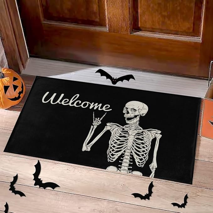 Funny Halloween Skull Doormat 17" x 29" Non-Slip Indoor Outdoor Skull Welcome Mat with Spooky Skull Design for Front Door, Porch, Kitchen, or Entryway Decor