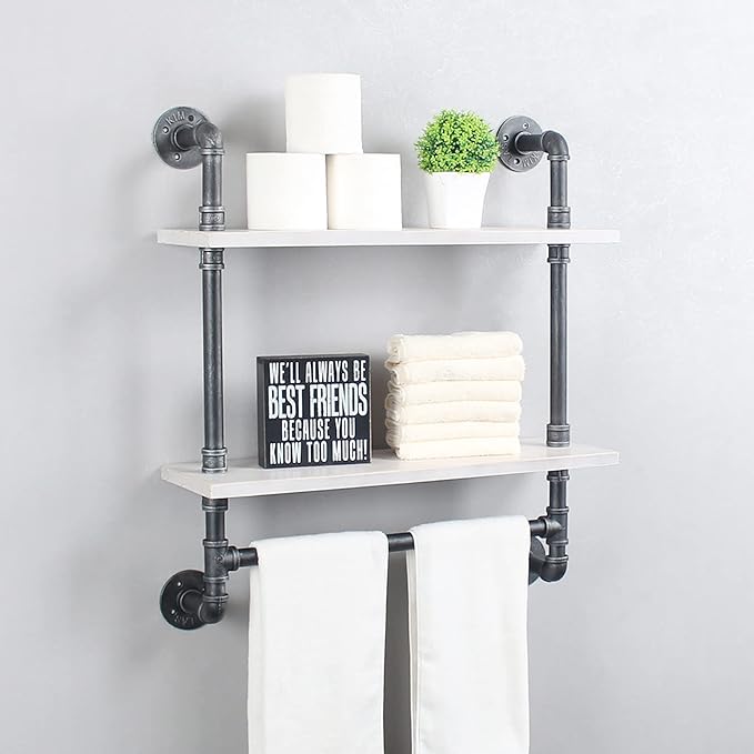 Iron Pipe Shelves, 2 Tier Industrial Bathroom Shelves with Towel Bar, Rustic Metal Pipe Wall Shelf, 24in - Retro White