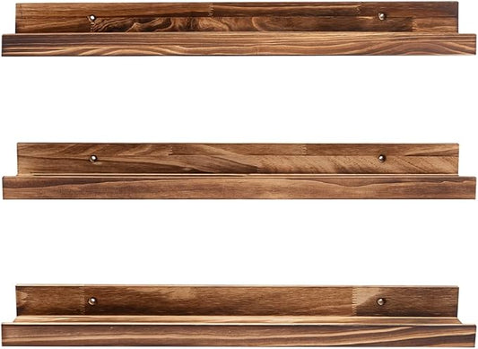 MBYD 24 Inch Carbonized Black Floating Shelves, Handmade Carbonized Black Wooden Picture Ledge Wall Shelf for Bedroom, Living Room, Office, Kitchen, Set of 3 Same Dimensions