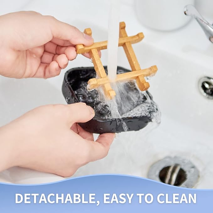 Bamboo Soap Dishes for Bar Soap Holders for Shower for Bathroom Sink Bulk Small Wooden Soap Tray Jabonera Pretty Neat Ventilated Soap Dish Disj Disk, Detachable (Single Rounded Black)