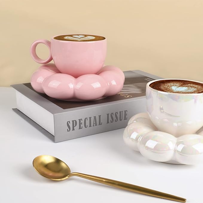 Koythin Ceramic Coffee Mug with Saucer Set, Creative Cute Cup with Sunflower Coaster for Office and Home, 6.5 oz/200 ml for Tea Latte Milk, Suitable for Mom on Mother's Day (Peach Pink)