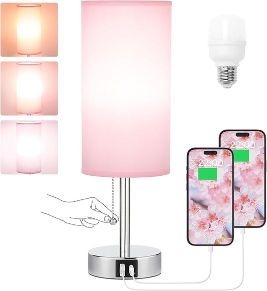 Hong-in Pink Bedside Lamp for Bedroom-Nightstand Lamps with 3 Color Modes with USB-C+A Charging Ports, 3000/4000/5000k Bedroom Lights by Pull Chain
