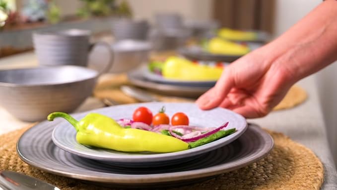 Elanze Designs Charming Chic Ribbed Modern Thrown Pottery Look Ceramic Stoneware Plate Platter Mug & Bowl Kitchen Dish Dinnerware 16 Piece Set - Service for 4, Slate Grey