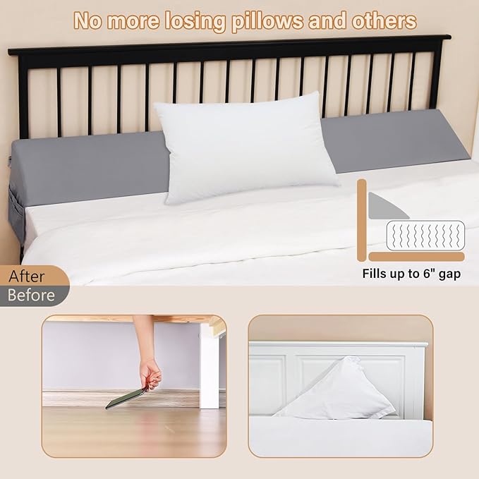 Vekkia Dual Density Bed Wedge Pillow/Mattress Gap Filler/Headboard Pillow/Pillow Wedge for Headboard Gap/Bed Gap Filler,Close Gap(0-6") Between Your Mattress and Headboard,Gray(Queen)