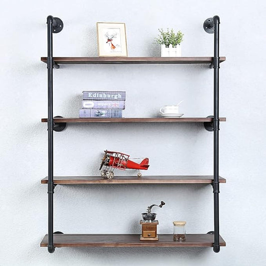 Industrial Pipe Shelving Wall Mounted,36in Rustic Metal Floating Shelves,Steampunk Real Wood Book Shelves,Wall Shelf Unit Bookshelf Hanging Wall Shelves,Farmhouse Kitchen Bar Shelving(4 Tier)