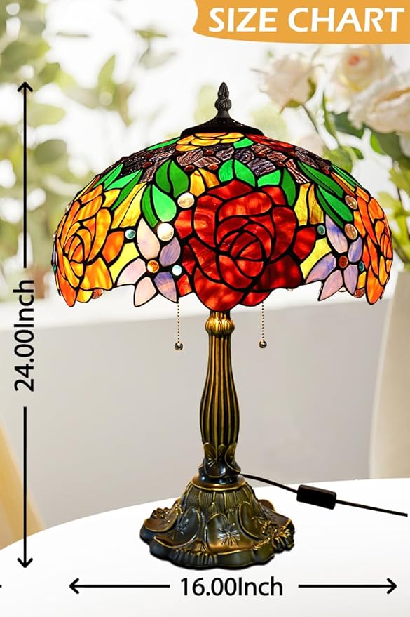 KY&BOSAM Tiffany Style Table lamp Stained Glass Table Lamps Art Style Desk Lamp 24 Inch Tall Glass 16 Inch Wide Shade Beside 2 Bulb Antique Zinc Base for Home Living Room Bedroom Kitchen Family Decor