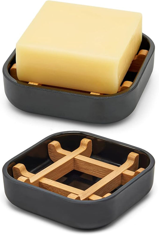 Bamboo Soap Dishes for Bar Soap Holders for Shower for Bathroom Sink Bulk Small Wooden Soap Tray Jabonera Pretty Neat Ventilated Soap Dish Disj Disk, Detachable (Single Rounded Black)