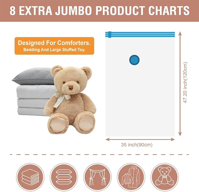 8 Pack XXL Jumbo Vacuum Storage Bags, Extra Large Vacuum Seal Bags for Comforters, Bedding, Blanket Storage, Giant Space Saver Bags for Huge Stuffed Toy(47.2x35 in)