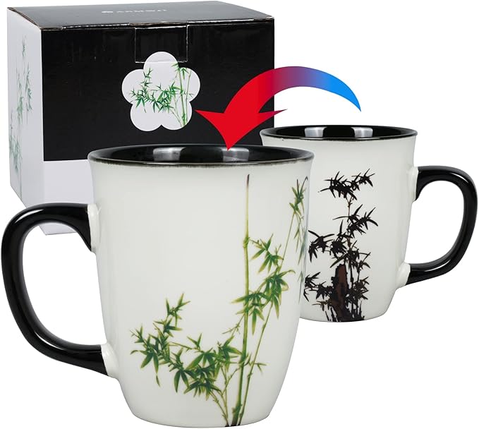 Funny Ceramic Magic Heat Color Changing Coffee Mug with Bamboo Printing for Women Personalized White Green Tea Cup Large Mugs for Mom,Girl, Grandma and man 16 oz