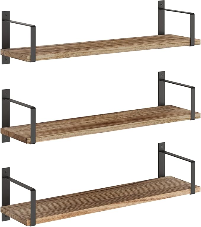 Wallniture Toledo Wood Floating Shelves for Wall Storage, Floating Bookshelf Set of 3, 24"x6" Rustic Wall Shelves for Living Room, Bedroom, Kitchen, Bathroom Storage, Burned Finish
