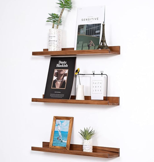 MBYD Floating Wall Shelves Wood Photo Picture Ledge Shelf, 24 Inch Light Walnut Nursery Kids Bookshelf 3 Same Sizes, Kitchen Spice Rack Bathroom Storage Shelves, Wall Mounted Shelves for Bedroom