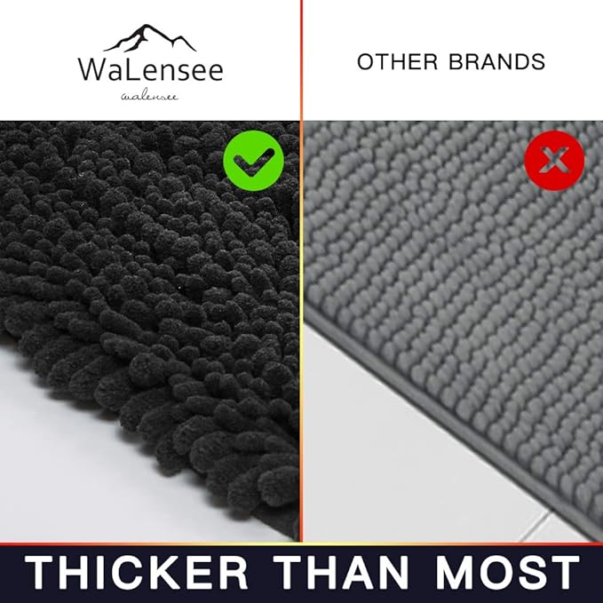 Walensee Bathroom Contour Rug Non Slip Toilet U Shaped Bath Mat (20x24, Black) Water Absorbent Super Soft Shaggy Chenille Machine Washable Dry Extra Thick Perfect Absorbant Best Plush Carpet