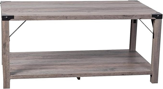 Flash Furniture Wyatt Modern Farmhouse 2 Tier Coffee Table - Gray Wash Engineered Wood Frame - Black Metal Crisscross Side Braces and Corner Accents