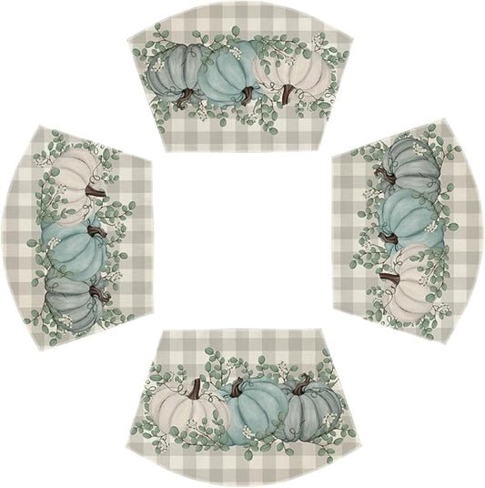 Artoid Mode Bule Buffalo Plaid Pumpkin Leaf Round Table Wedge Placemats Set of 4, Seasonal Fall Kitchen Dining Table Decoration for Indoor Party Home