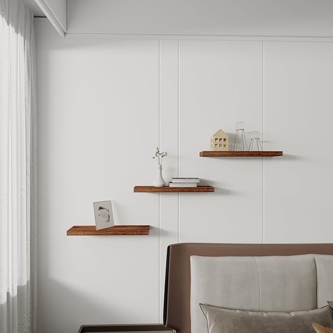 Floating Shelves Wall Shelf Solid Wood Mounted Storage for Bedroom Living Room Set of 3, Rustic Brown Wall Shelves