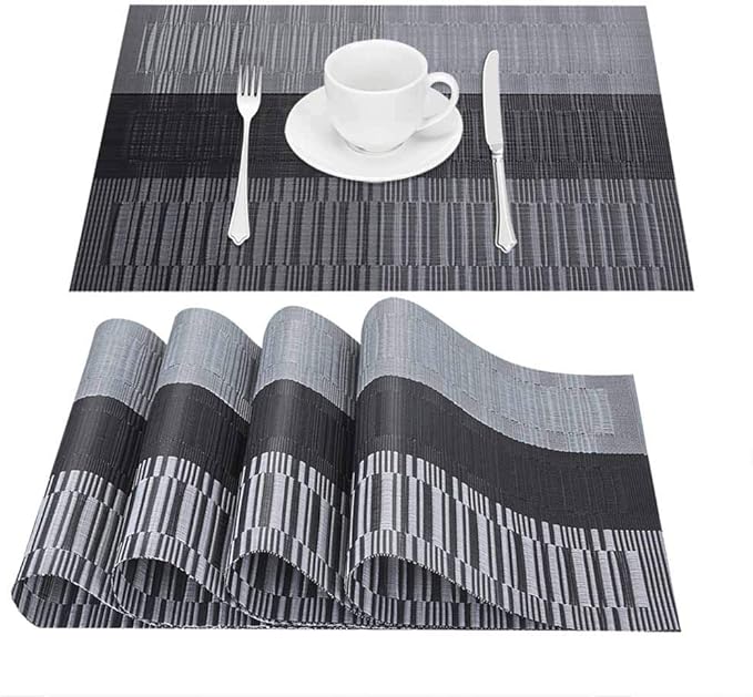 GIVERARE Placemats Set of 4, Heat-Resistant Woven Vinyl Placemat, Non-Slip Washable PVC Table Mat, Easy to Clean Premium Plastic Mats for Dining, Kitchen Table (Black+Gray)