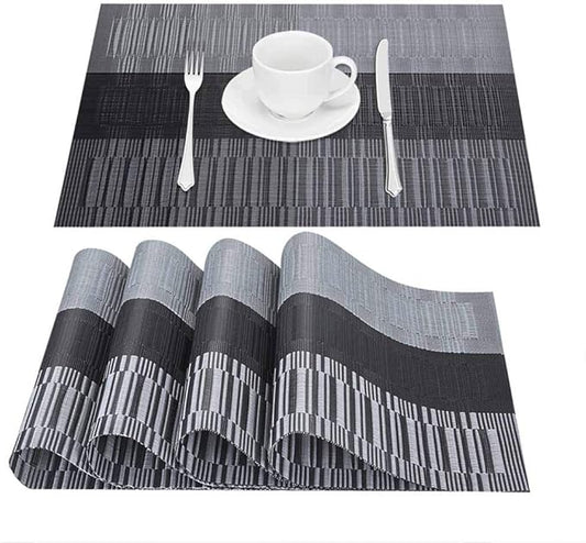GIVERARE Placemats Set of 4, Heat-Resistant Woven Vinyl Placemat, Non-Slip Washable PVC Table Mat, Easy to Clean Premium Plastic Mats for Dining, Kitchen Table (Black+Gray)