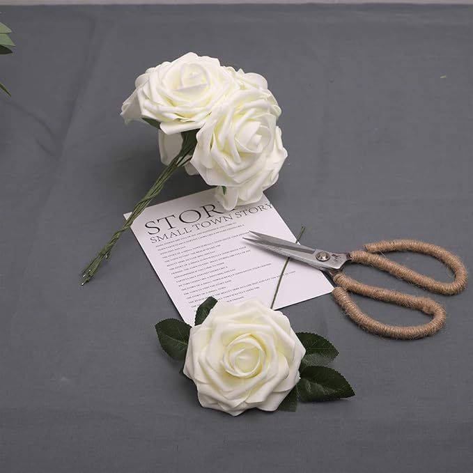 N&T NIETING Artificial Flowers, 25Pcs Fake Flowers Roses Perfect for DIY Wedding Bouquets Centerpieces Bridal Shower Party Home Flower Arrangement Decorations, Ivory