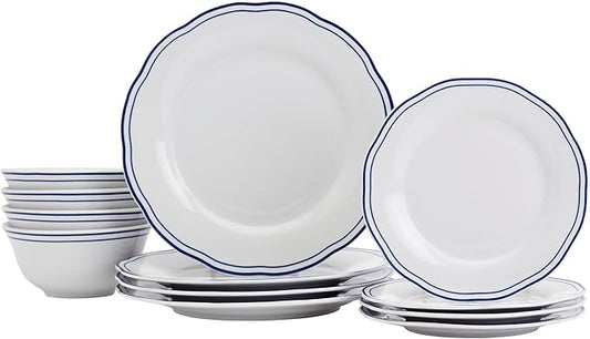 Tabletops Gallery 12-Piece White with Blue Striped Ceramic Dinnerware Set of Kitchen Dishes, Scalloped Dinner Salad Plates Cereal Bowls, Service for 4, Vintage Stripe