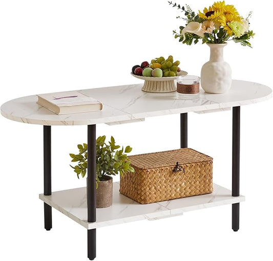 2 Tier Coffee Table with Open Storage Shelf, Oval Wood Tea Table 17 inch high, Small Table for Small Space Apartment White Faux Marble + Black YD-011M