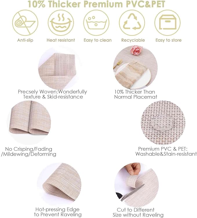 GIVERARE Placemats Set of 4, Heat-Resistant Woven Vinyl Placemat 12x18in, Non-Slip Washable PVC Table Mat, Easy to Clean Premium Plastic Mats for Dining, Kitchen Table (Beige)