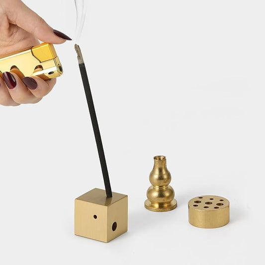 Copper Block Incense Stick Holder, Modern Incense Burner Set for Incense Sticks/Coil Incense/Incense Cones ，Ideal for Smudging,Home Fragrance Decoration