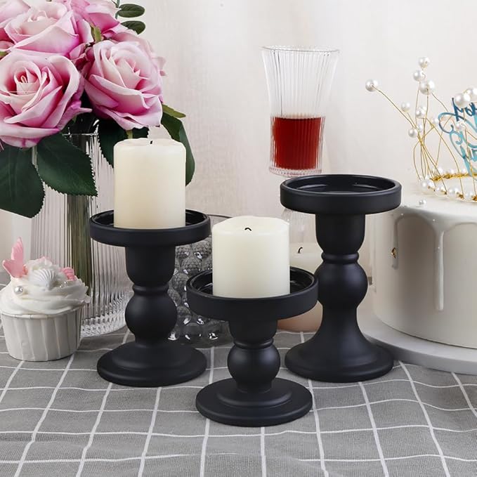 6-Piece Set of Black Glass Candlestick, Crystal Candlestick Holder Holder and Conical Candle, Christmas Candle Holder Decoration, Family Living Room Wedding Candle Holder (black2sets)