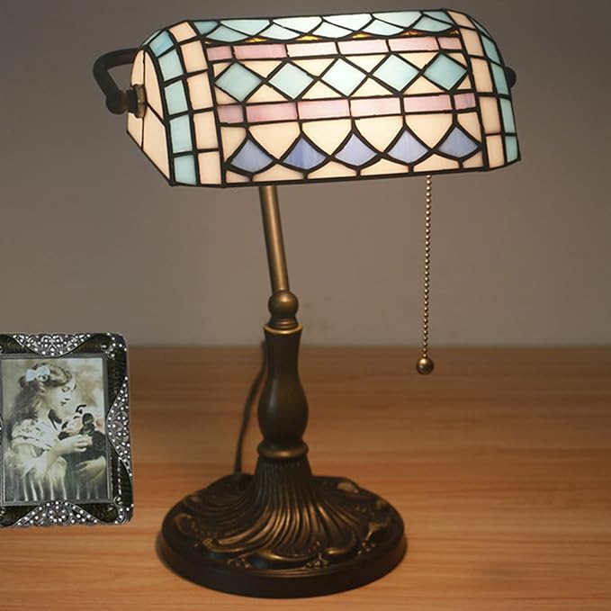 Tiffany Style Bankers Table Lamp Stained Glass Piano Desk Lamp Vintage Bedroom Bedside Lamp for Study,Antique Alloy Base,Zipper Switch,Blue Mediterranean