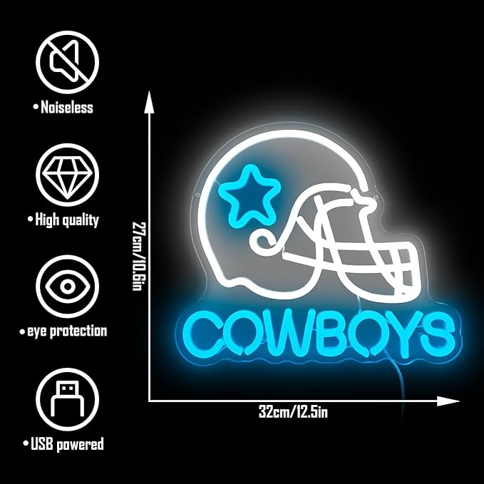 Cowboy Football Neon Sign for Wall Decor Dimmable sports Team Helmet Led Signs Cowboys Neon Light Signs for Man Cave Light Up Signs for Bedroom Boys Home Bar Club Party Gifts