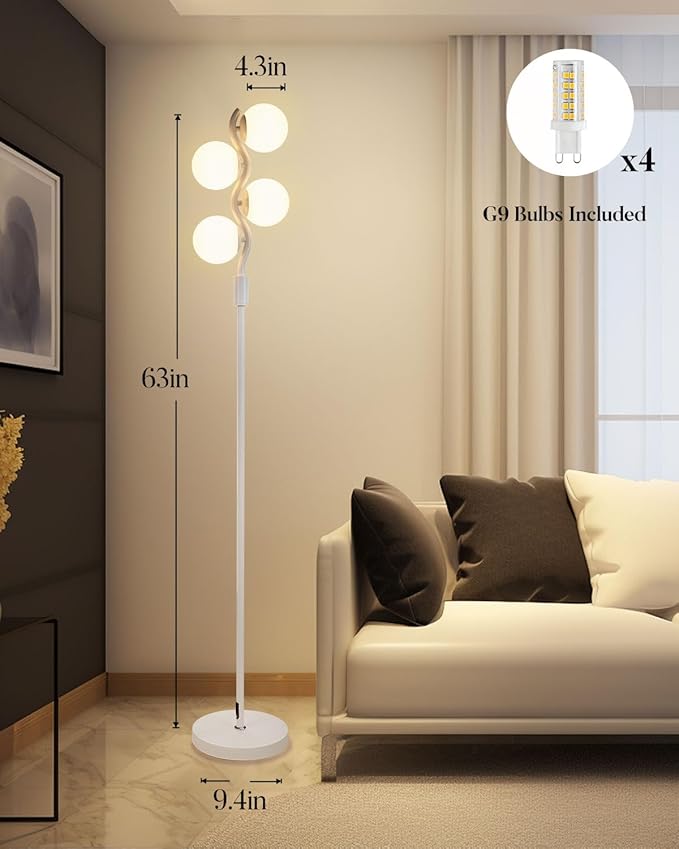 60IN Dimmable (Brightness Adjustable) White Pole Floor Lamp, Modern Standing Lamps with 4 Globe Soft Warm White 3000K Bulbs, Mid Century Floor Lamp for Living Room Bedroom Home Decor