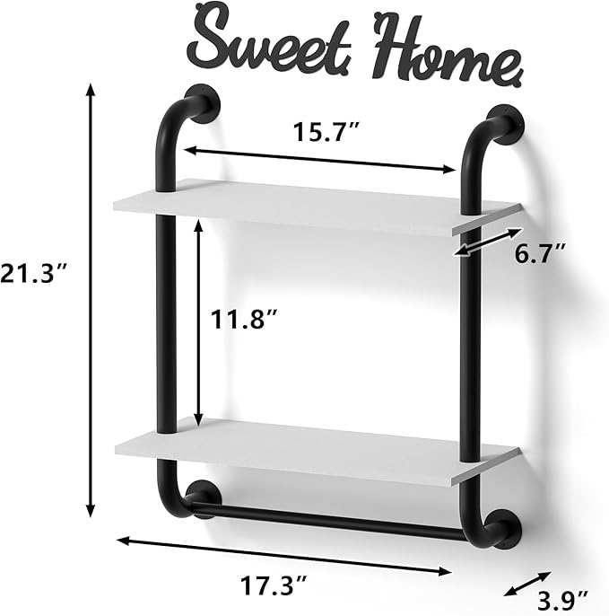 Bathroom Shelves Wall Mounted, Rustic Farmhouse Pipe Shelves 2-Tier, Floating Shelf Wall Decor for Bathroom, Kitchen, Bedroom, Living Room 17.3in White