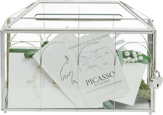 NCYP Glass Cards Box with Slot & Lock for Wedding - 12.6" x 5.9" x 9" Vintage Geometric Terrarium, Wishwell, Party, Home Reception, Tabletop Decor, Silver (Glass Box Only)