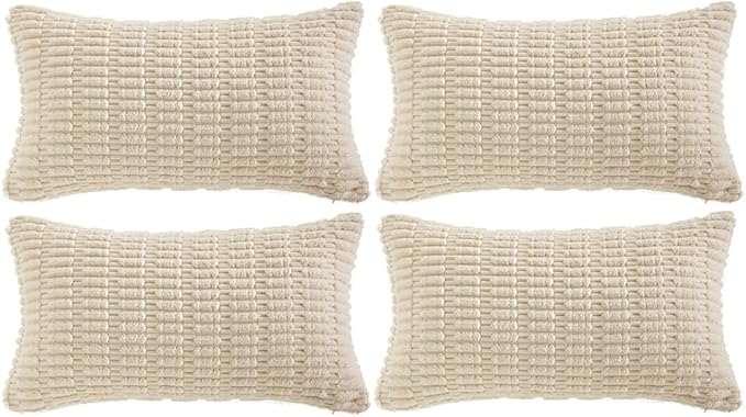 Fancy Homi 4 Packs Boho Cream Decorative Throw Pillow Covers 12x24 Inch for Living Room Couch Bed Sofa, Rustic Modern Farmhouse Home Decor, Soft Plush Corduroy Beige Cute Square Cushion Case 30x60 cm