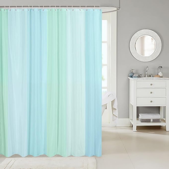 Feelyou Blue Green Stripe Shower Curtain Geometric Fabric Shower Curtain for Kids Simple Modern Bathroom Waterproof Accessories with 12 Hooks Women Men Fresh Style Curtains,72x72 Inches