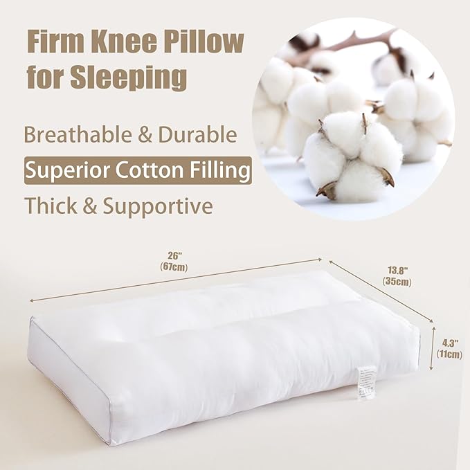 Knee Pillow for Side Sleepers, 4.3 inch Leg Pillow for Sleeping Supportive Hip Pillow Relieves Leg Back Knee Pain, Leg Positioner Pillows, Cotton Fabric,White
