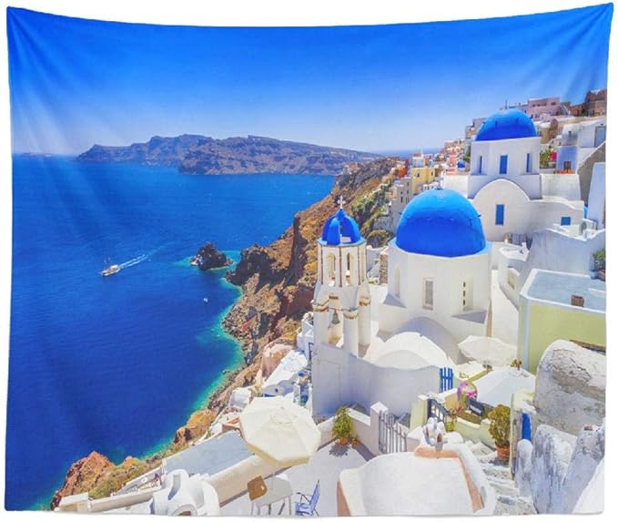 Santorini Tapestry,Wall Hanging Beautiful Town Landmark Nature Europe Wall Tapestry for Bedroom Living Room Tablecloth Dorm 80X60 Inches